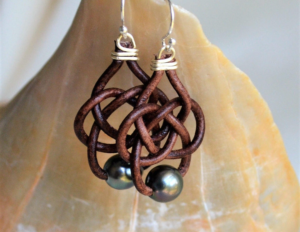 Tahitian Pearl Celtic Leather Knot Earrings with Sterling Silver Hooks
