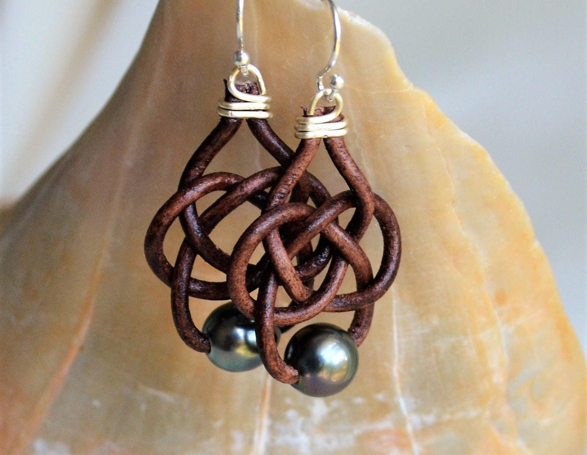 Tahitian Pearl Celtic Leather Knot Earrings with Sterling Silver Hooks