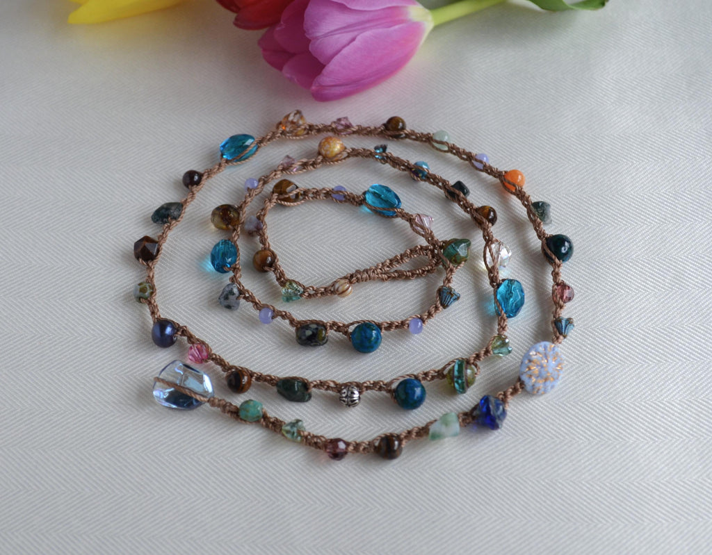 Crocheted Beaded Lariat Necklace - Multicolor Czech Beads, Artisan Boho Jewelry