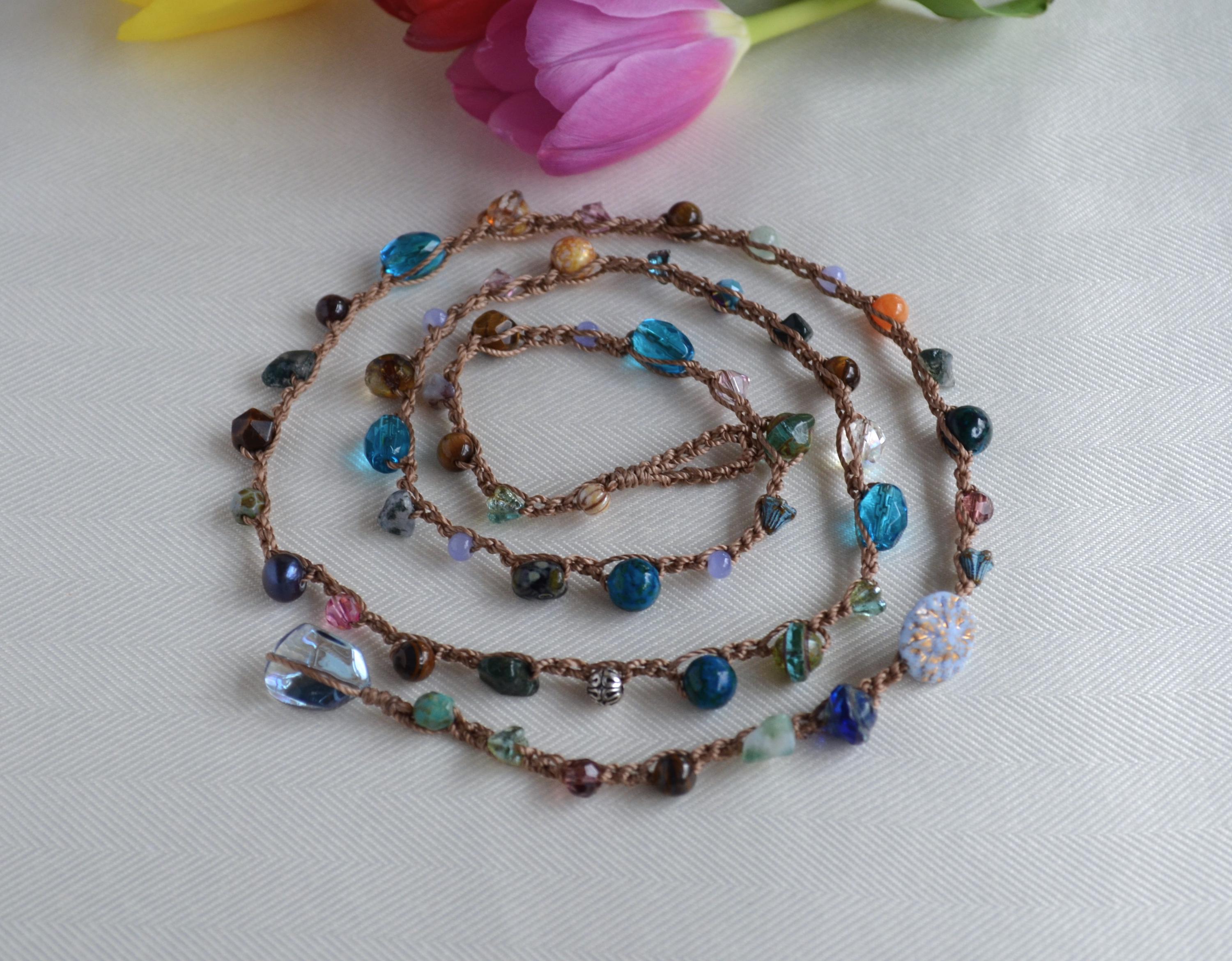 Crocheted Beaded Lariat Necklace - Multicolor Czech Beads, Artisan Boho Jewelry