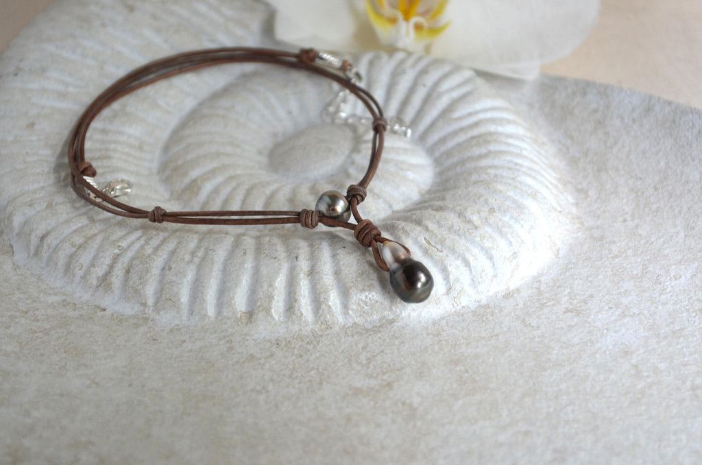 Tahitian Pearl Leather Necklace, Large Drop Pearl, Silver Black, Handmade Jewelry