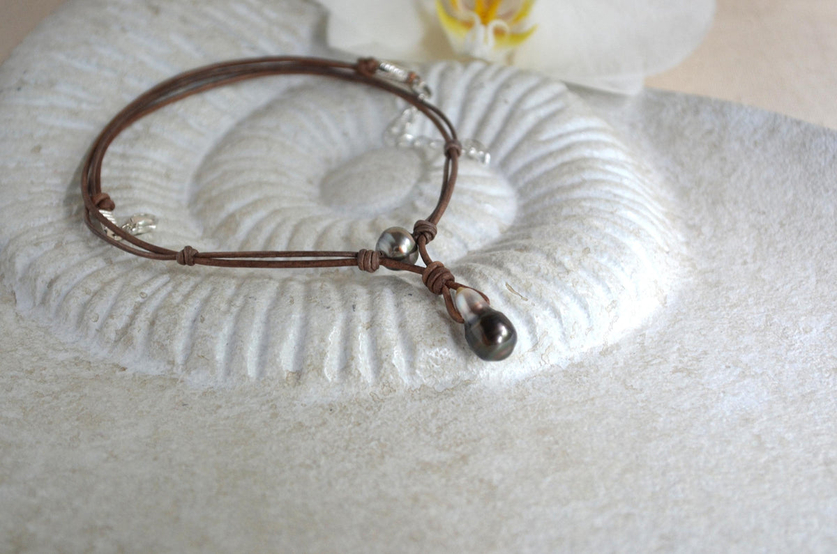 Tahitian Pearl Leather Necklace, Large Drop Pearl, Silver Black, Handmade Jewelry