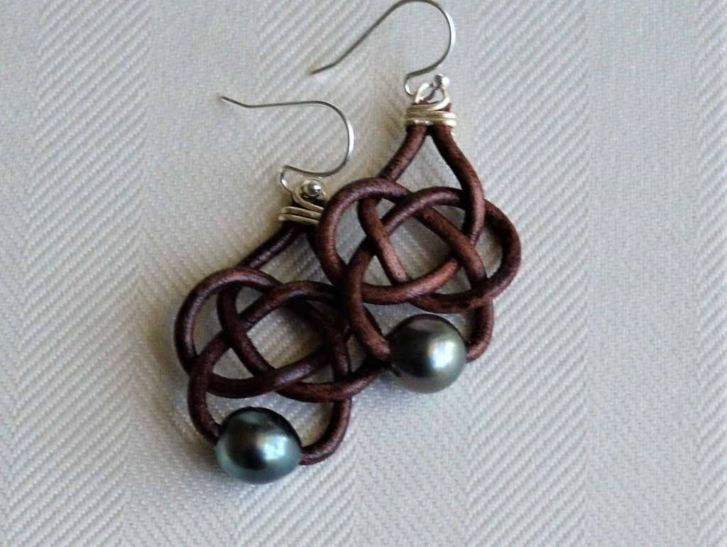 Tahitian Pearl Celtic Leather Knot Earrings with Sterling Silver Hooks