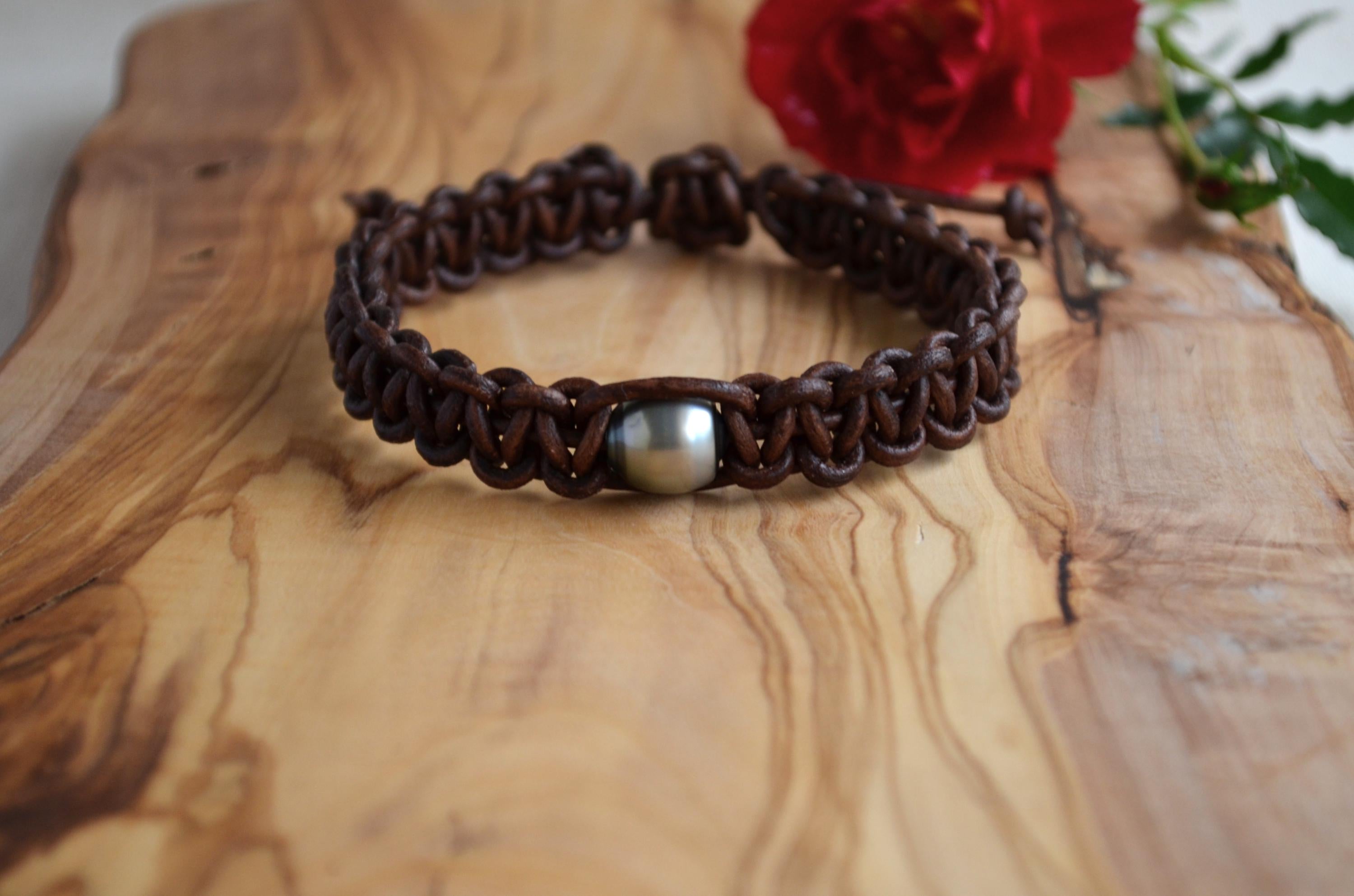 Tahitian Pearl Bracelet, Braided Leather Cuff, Boho Jewelry, Men's Bracelet