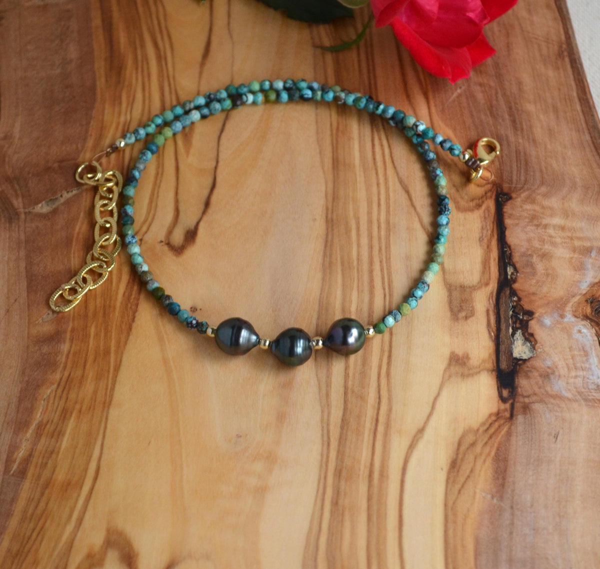 Three Tahitian Pearl Necklace, Turquoise Beaded Short Necklace, Minimal Gold Filled Necklace, Elegant Everyday Jewelry