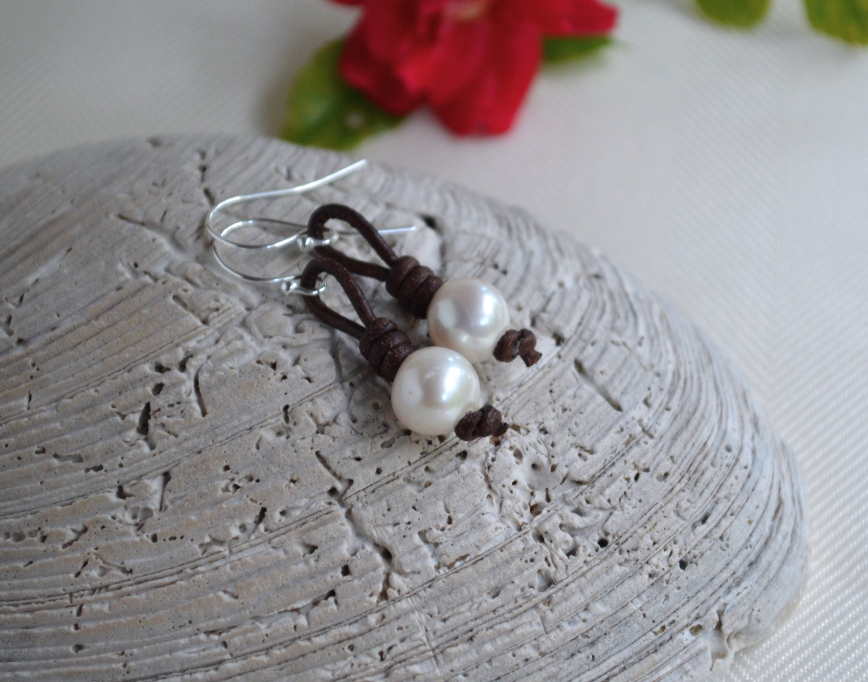 Handmade Pearl Leather Earrings: Dangle Freshwater Pearl Jewelry