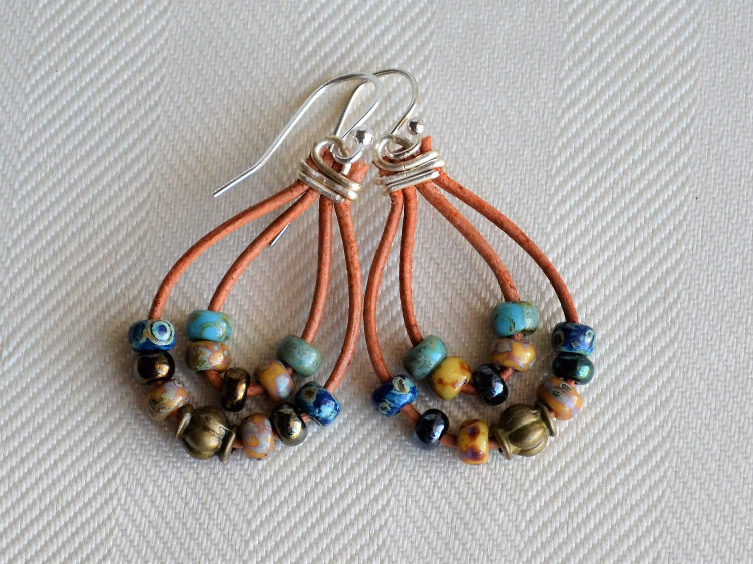Picasso Leather Dangle Earrings: Boho Miyuki Bead Jewelry
