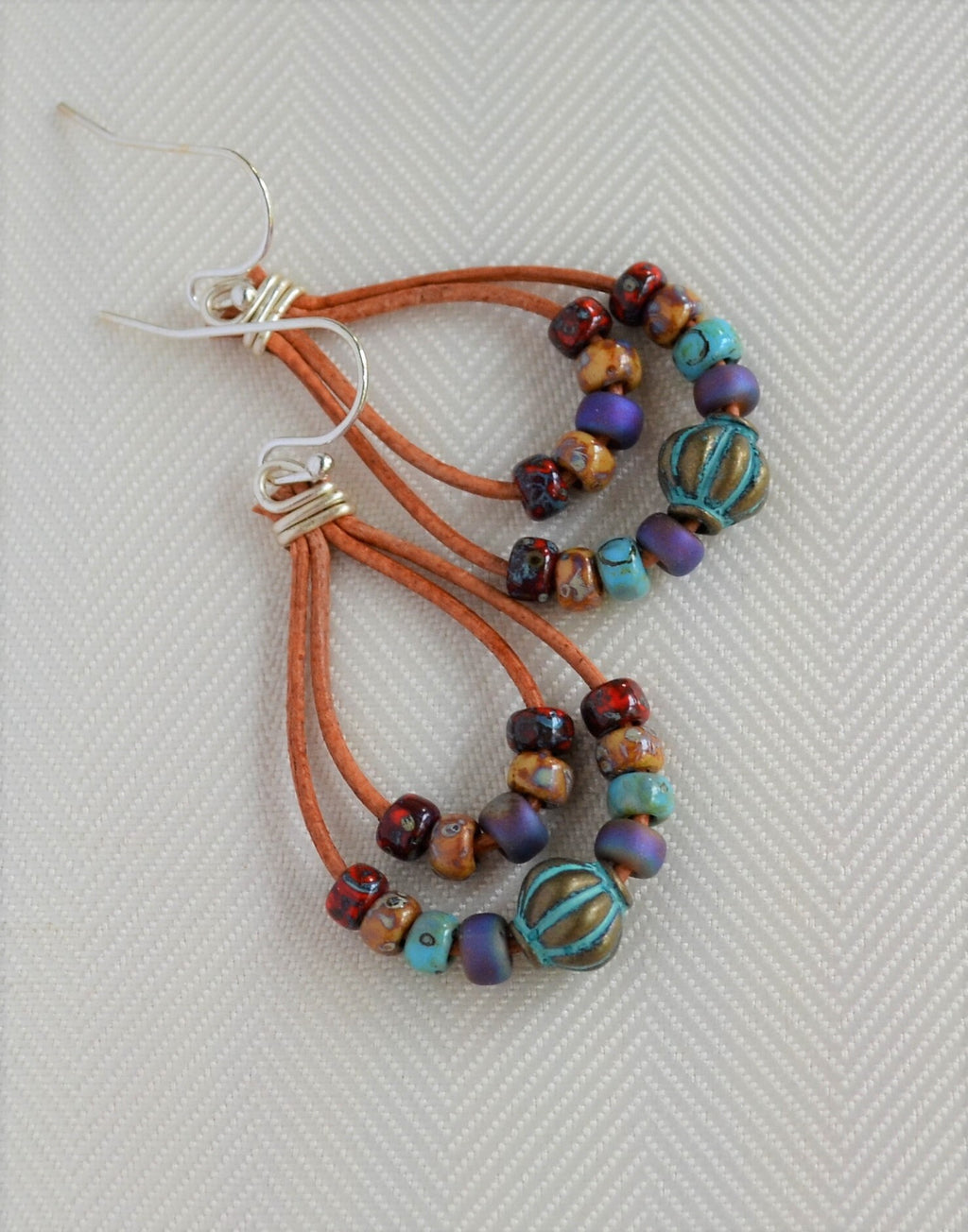 Beaded Leather Earrings, Patina Picasso Beads, Boho Dangle