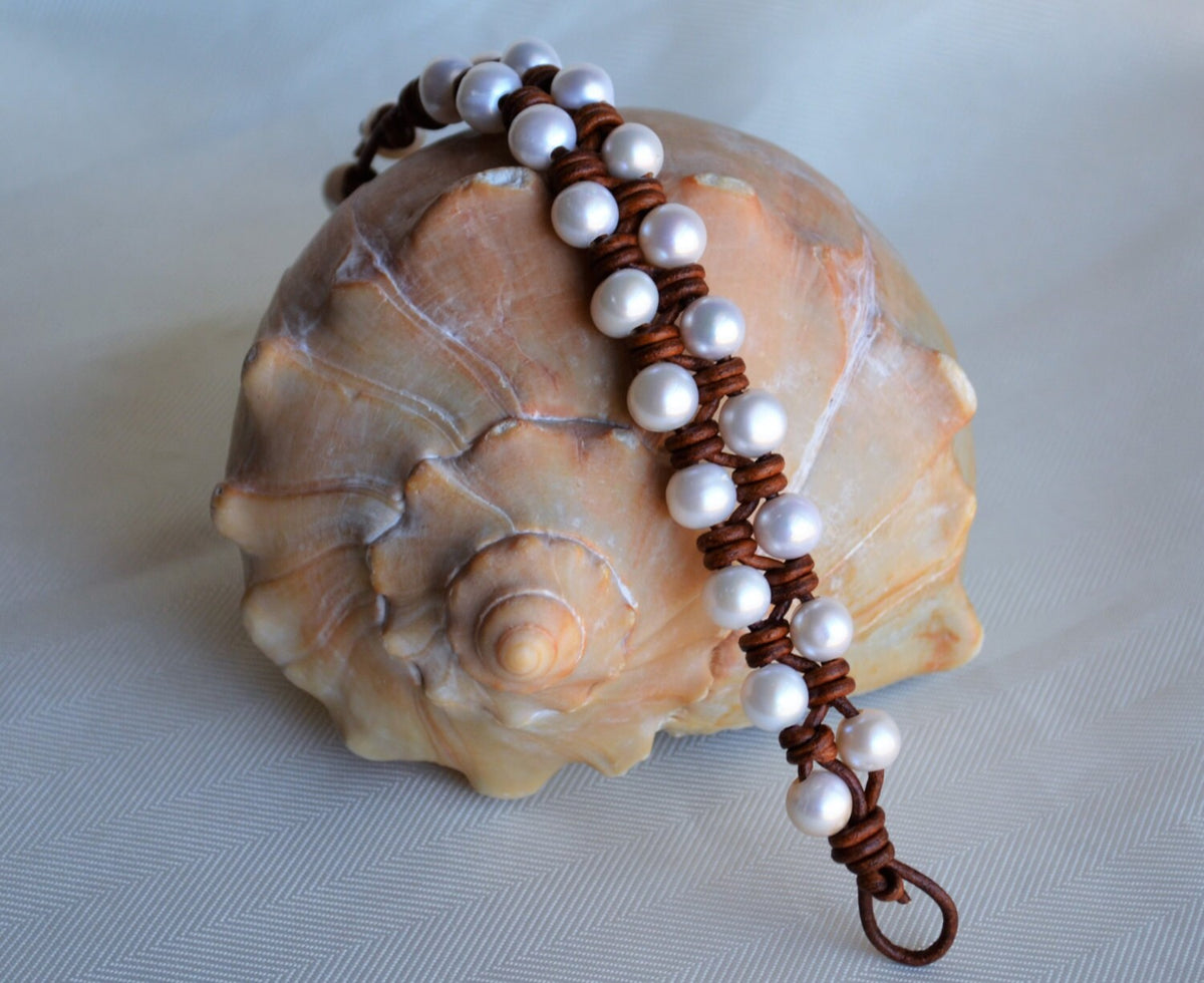 Knotted Pearl Leather Bracelet: Boho Freshwater Pearl Cuff