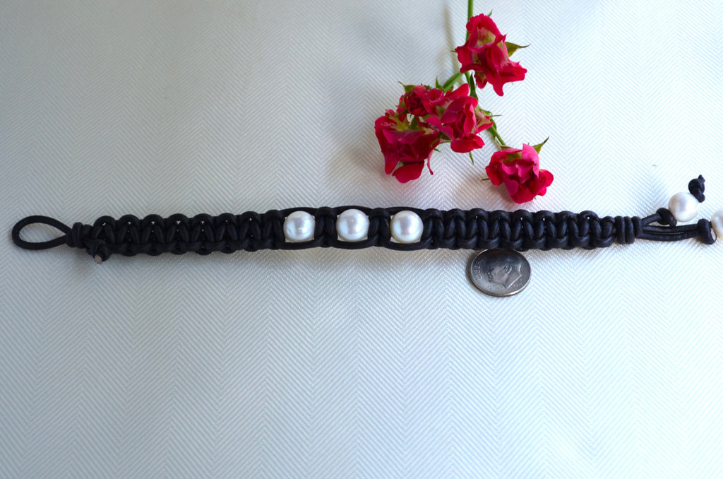 Freshwater Pearl Leather Bracelet: Three White Pearls, Bohemian Jewelry