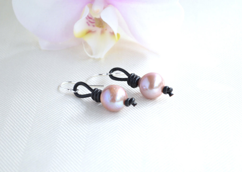 Edison Pearl Drop Earrings: Pink Freshwater Pearls, Sterling Silver & Leather