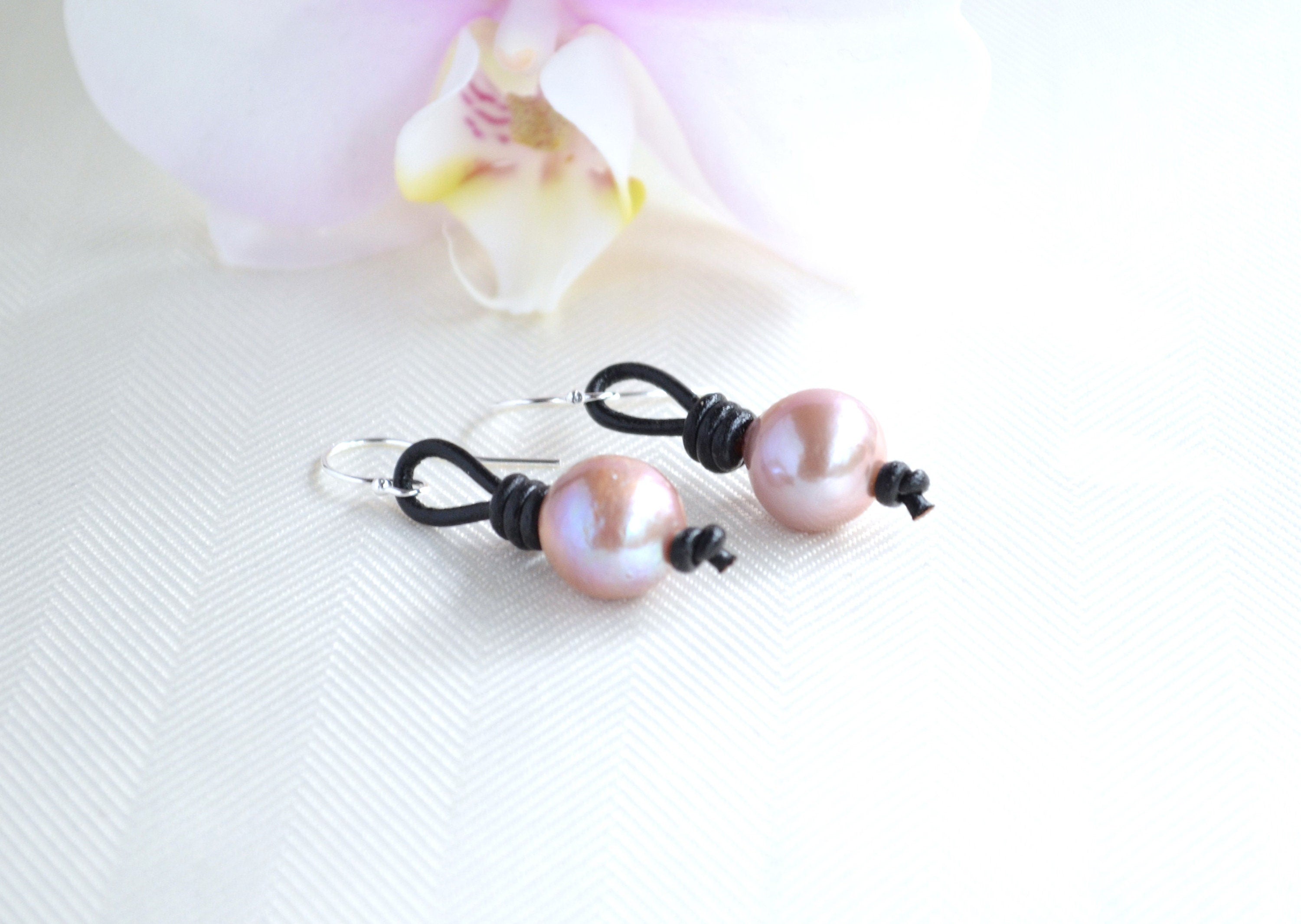 Edison Pearl Drop Earrings: Pink Freshwater Pearls, Sterling Silver & Leather
