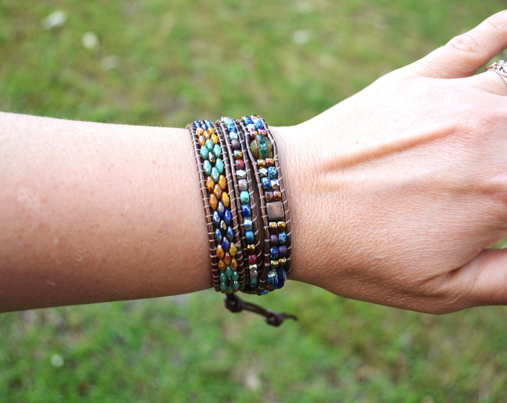 Boho Leather Wrap Bracelet, Tile & Czech Glass Beaded