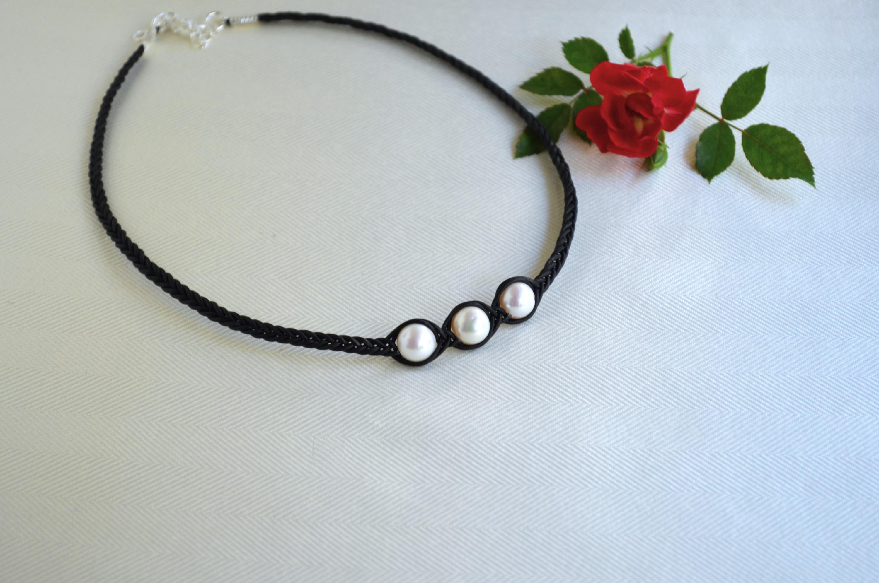 Three Freshwater Pearls Braided Leather Necklace: Elegant Boho Jewelry