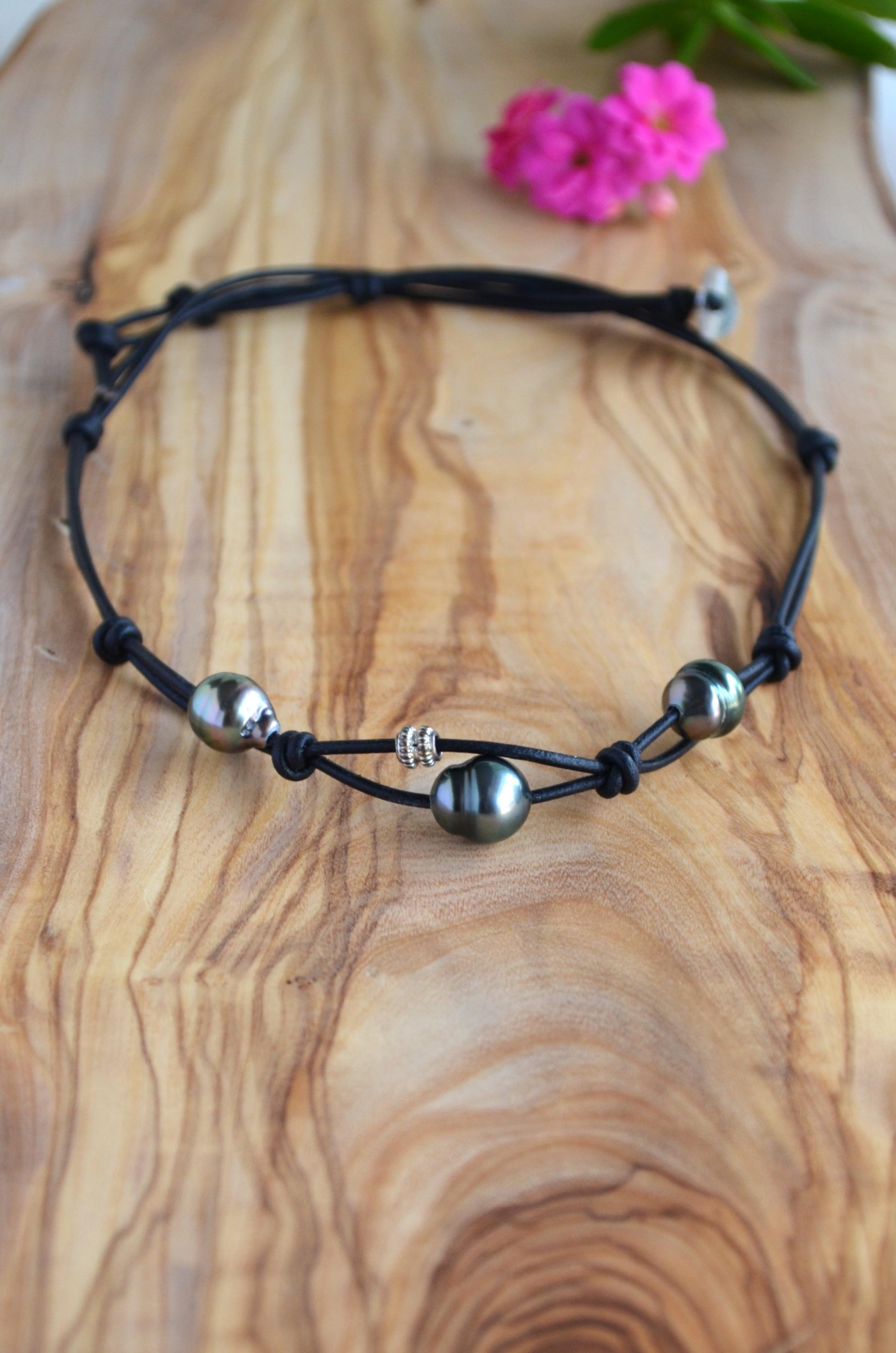 Tahitian Black Pearls on Leather Short Necklace, Sterling Silver Accent