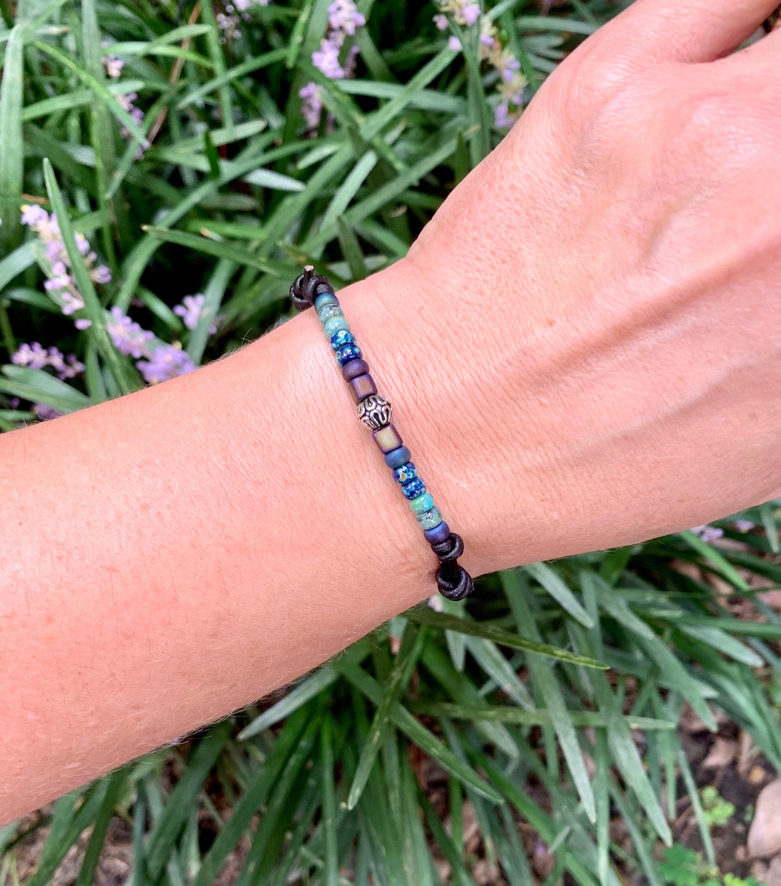 Unisex Picasso Czech Beaded Bracelet, Knotted Leather Bracelet for Him Her