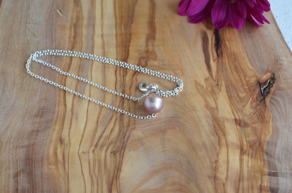 Mauve Pink Edison Pearl Necklace - Handmade Silver Pendant