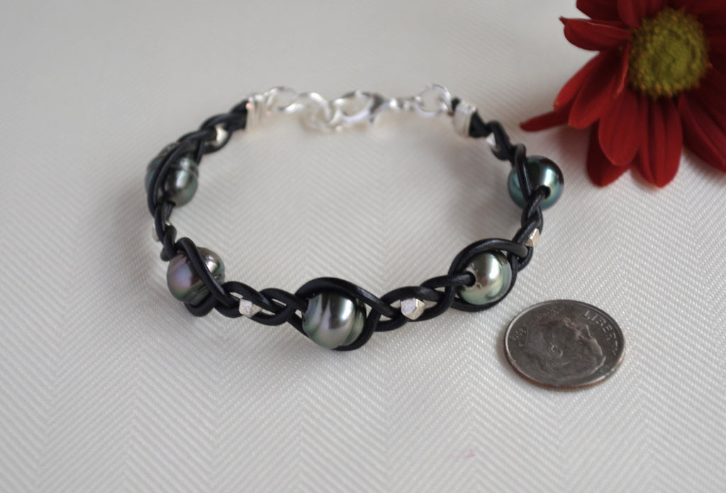 Tahitian Pearl Bracelet: Black Leather Boho Cuff