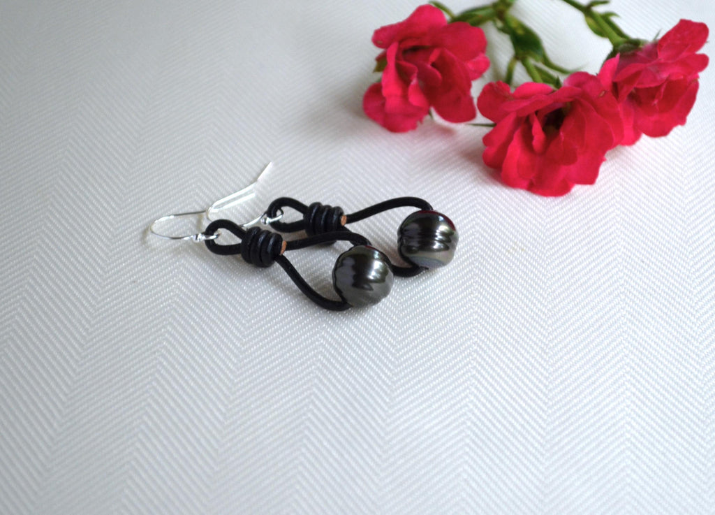 Tahitian Pearl Earrings: Sterling Silver, Black Leather Dangle Earrings