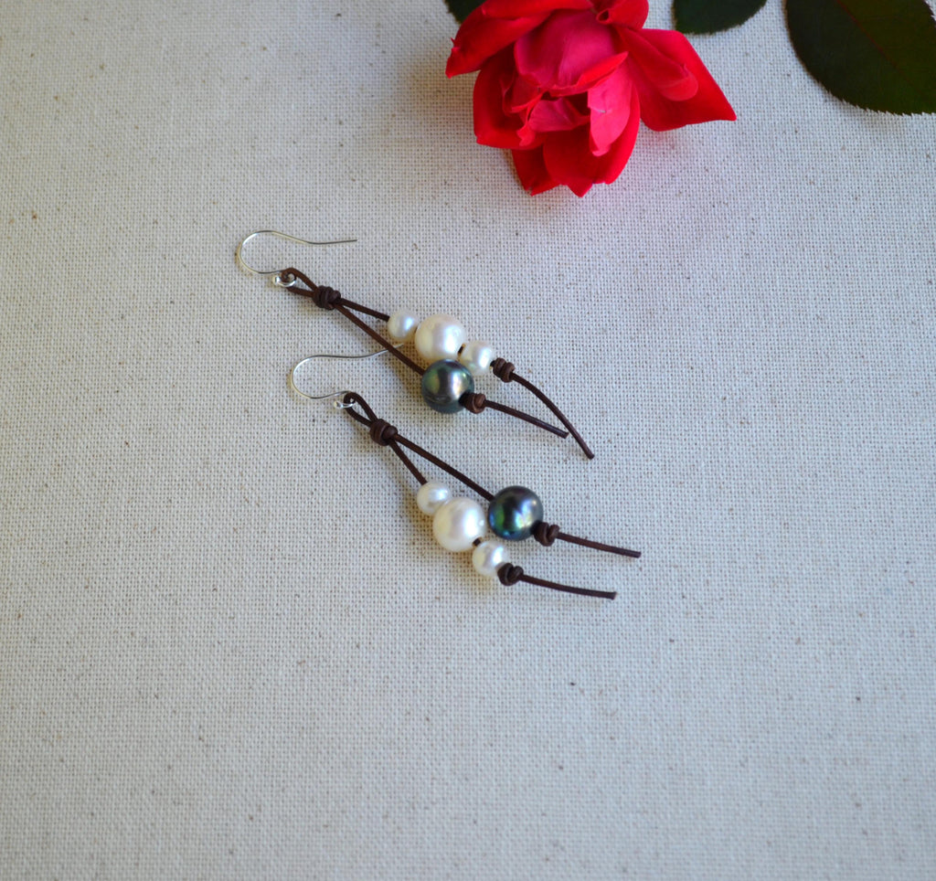 Handmade Freshwater Pearls on Leather Earrings, Sterling Silver French Wires