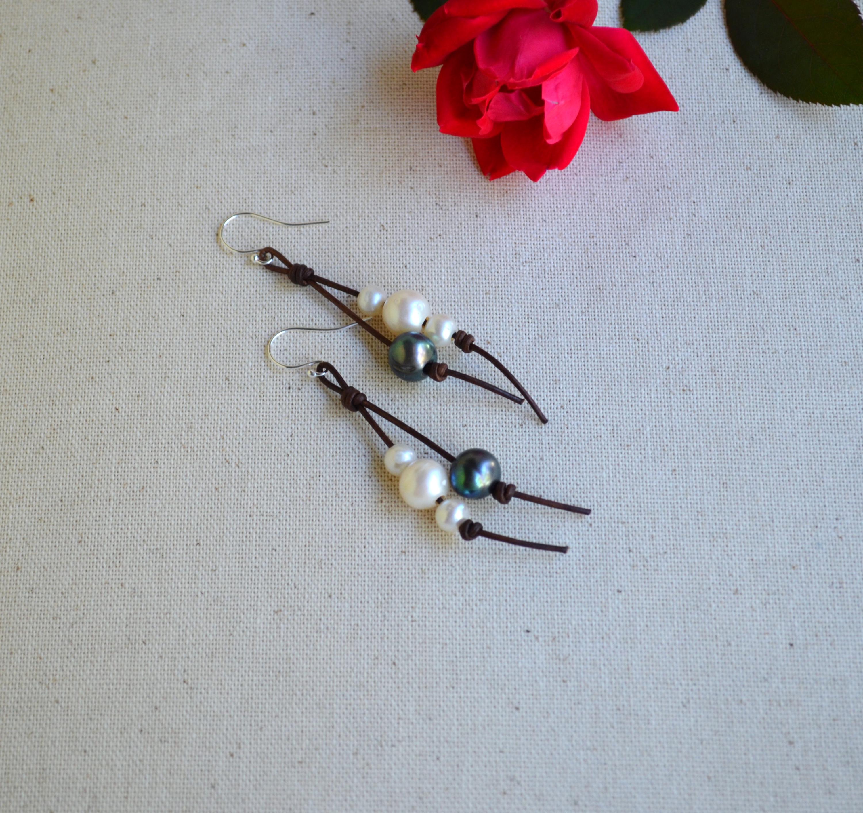 Handmade Freshwater Pearls on Leather Earrings, Sterling Silver French Wires