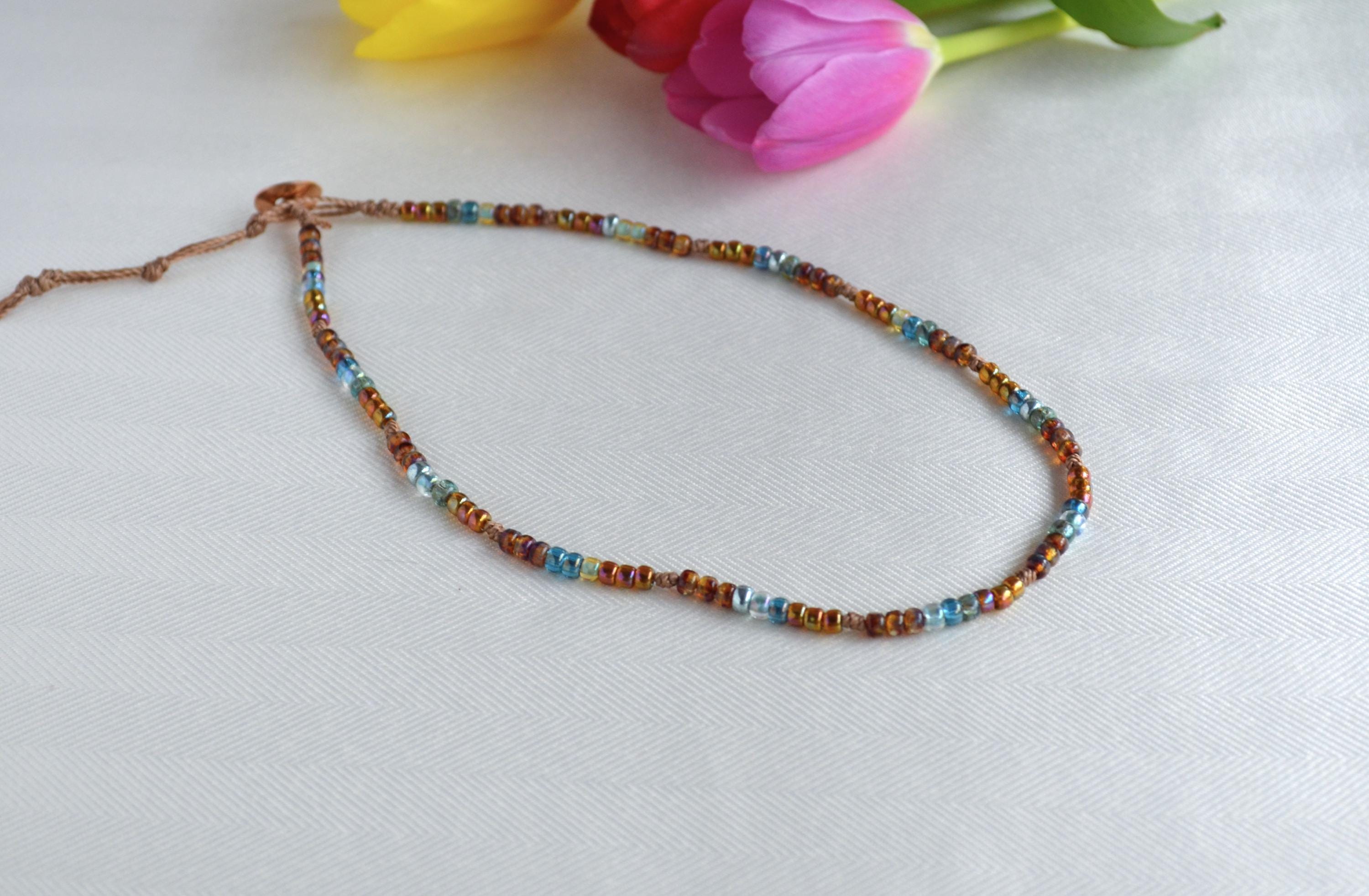 Boho Czech Glass Beaded Choker Necklace, Knotted, Button Closure