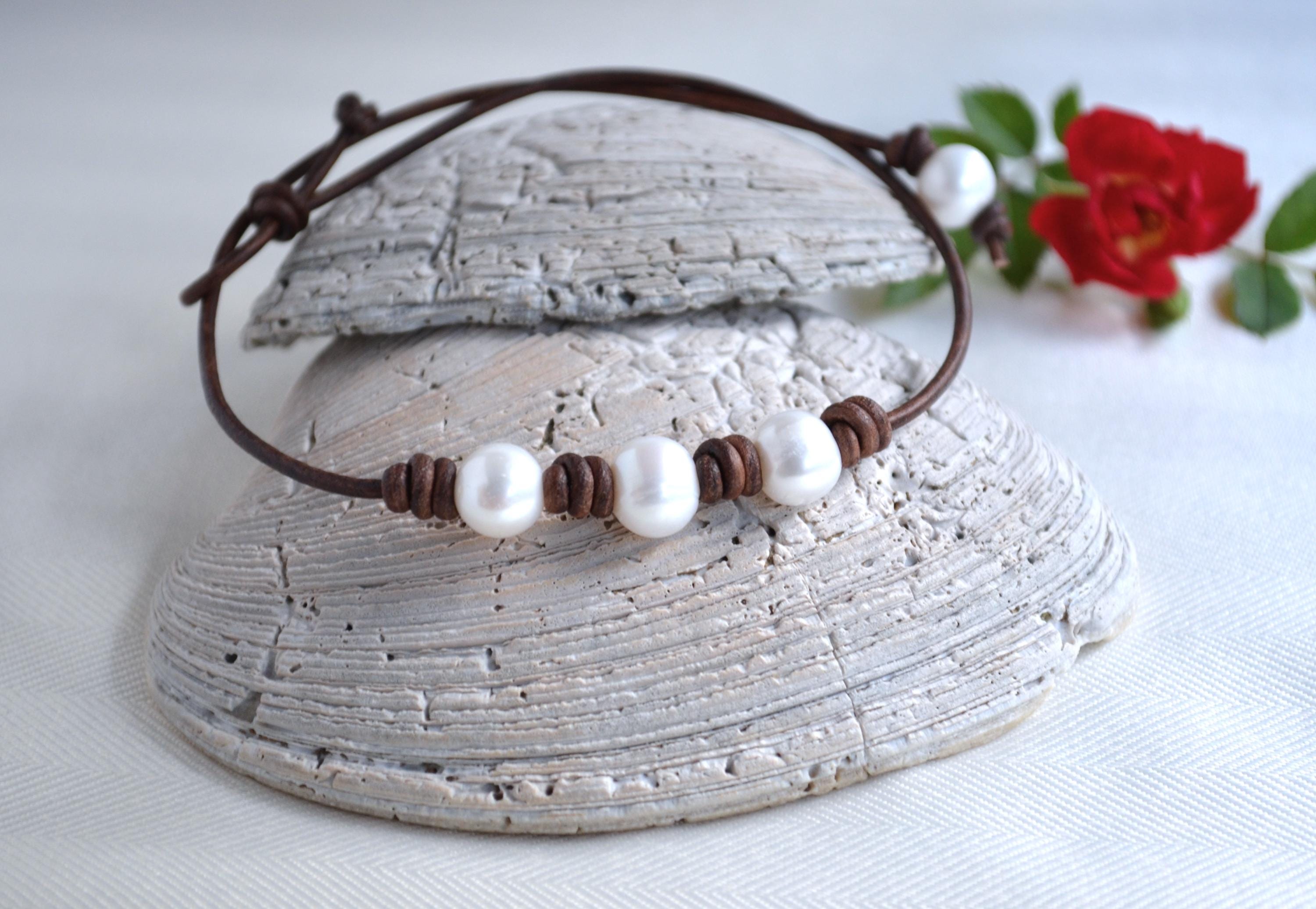 Freshwater Pearl Leather Choker: Three Wishes Necklace