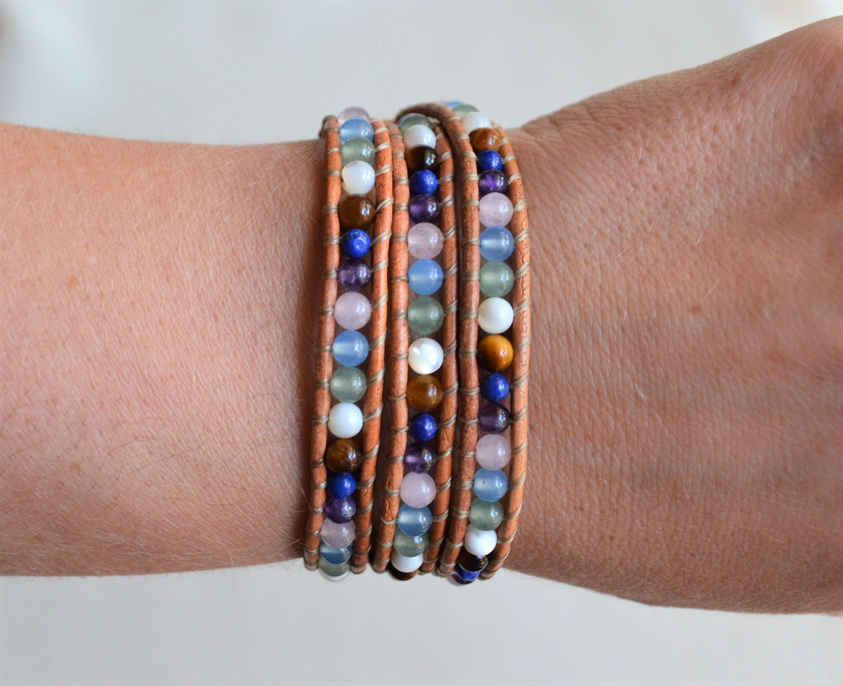 Multi-Gemstone Leather Wrap Bracelet: Boho Beaded Jewelry