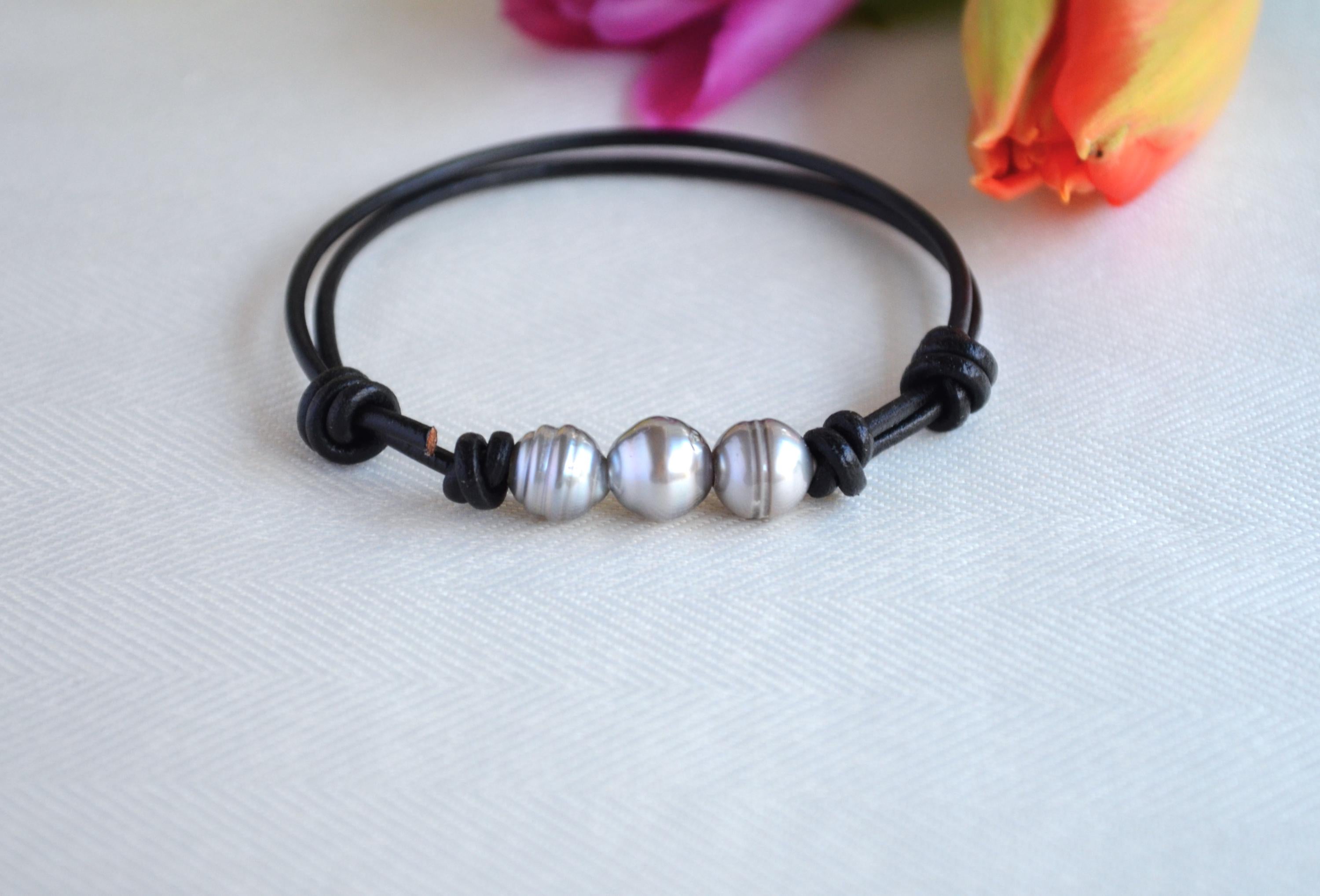 Tahitian Pearl Bracelet: Three Silver Pearls on Black Leather, Adjustable
