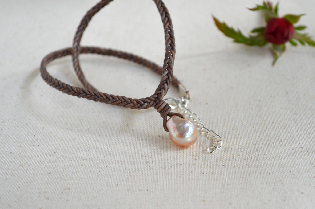 Baroque Edison Pearl Necklace on Braided Leather, Pink Pearl Pendant 12x15 mm, Organic Shape, Minimalist Statement, 16” + Extender