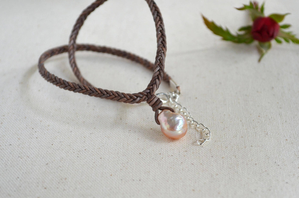 Baroque Edison Pearl Necklace on Braided Leather, Pink Pearl Pendant 12x15 mm, Organic Shape, Minimalist Statement, 16” + Extender