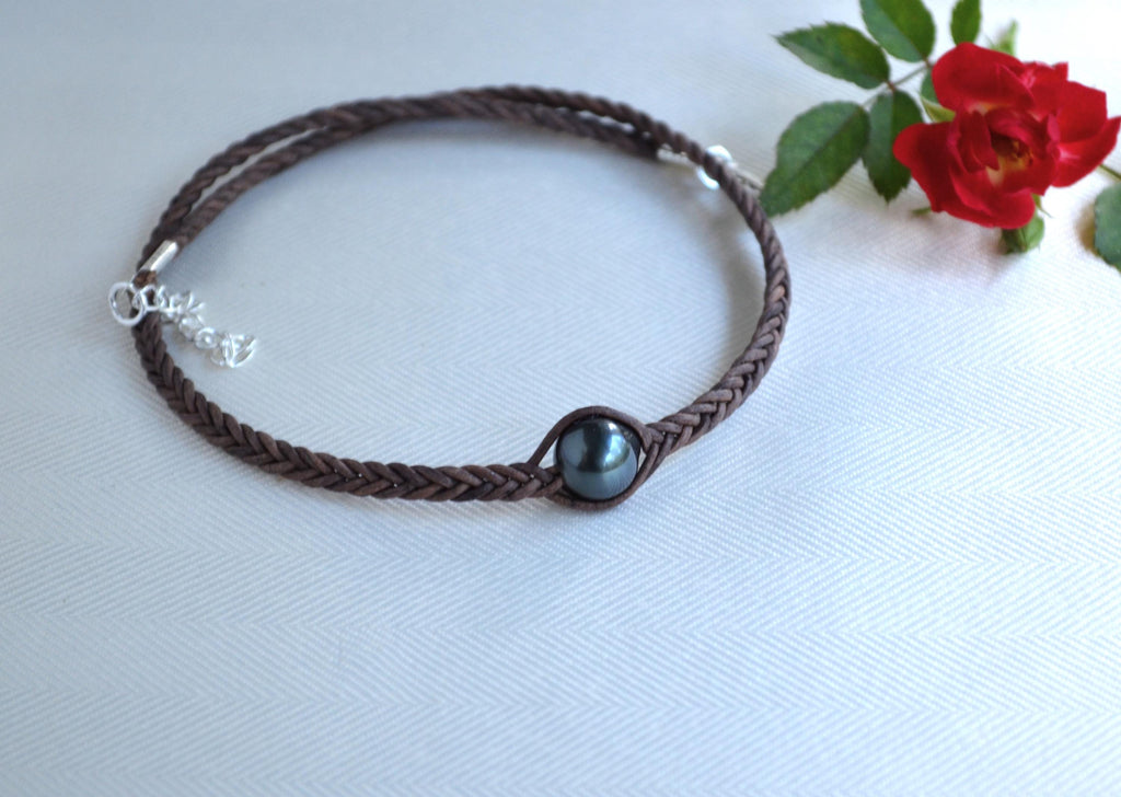 Tahitian Pearl Choker: Braided Leather Necklace, Elegant Handmade Jewelry