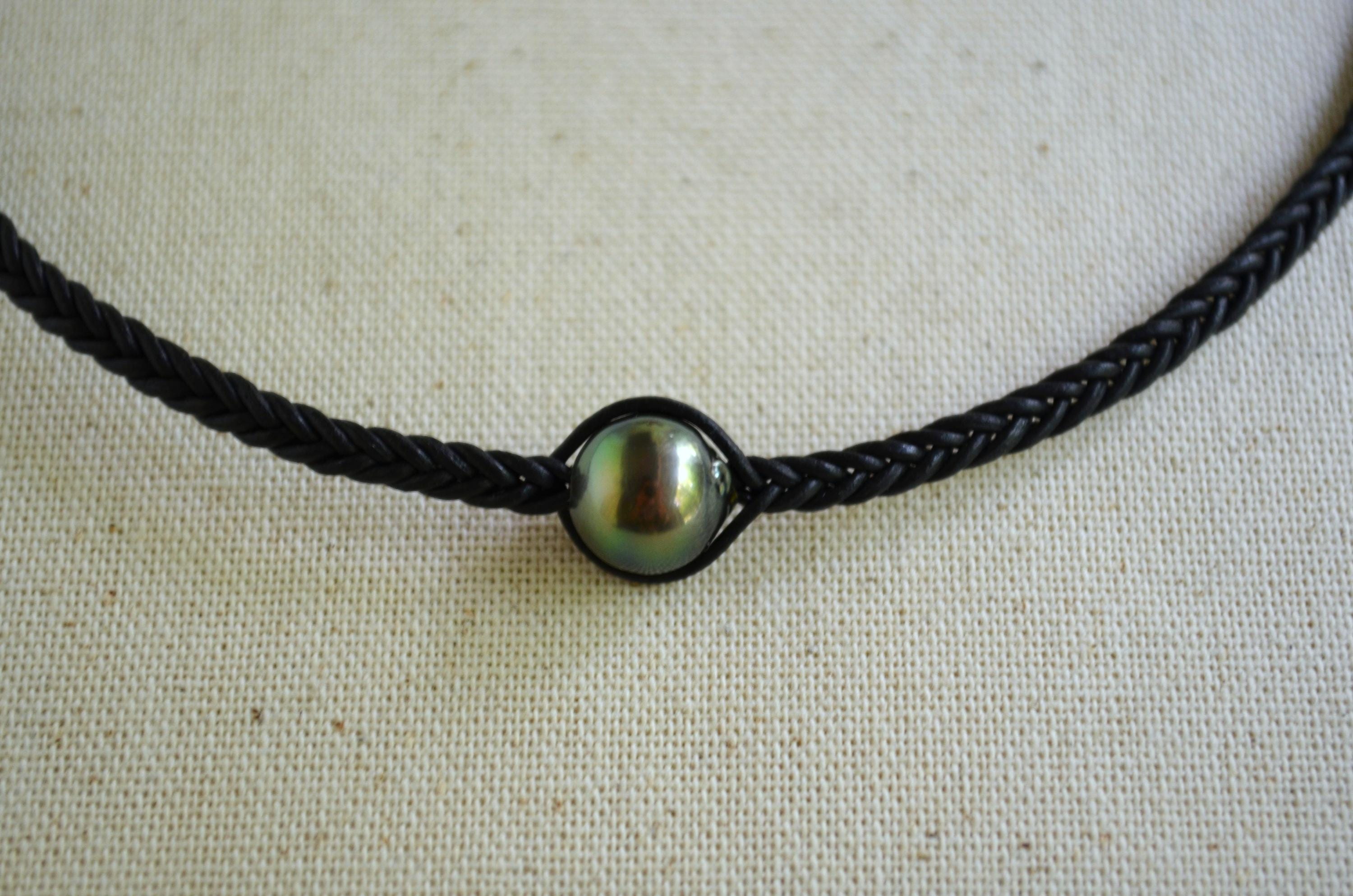 Tahitian Pearl Necklace, Braided Leather Cord, Minimalist Luxury Jewelry