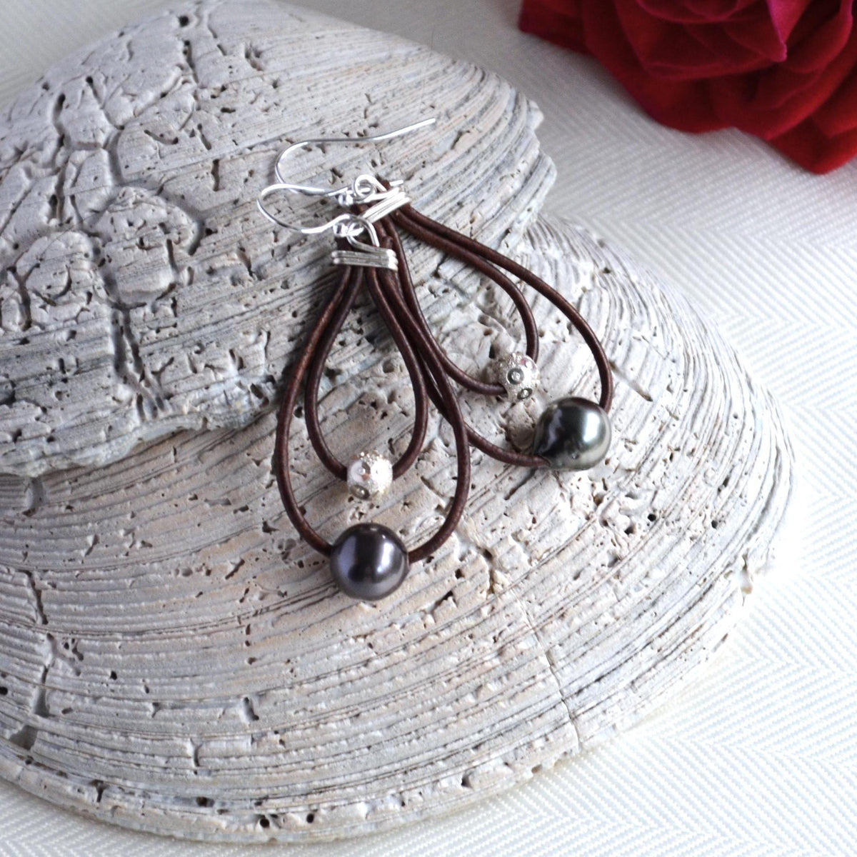 Tahitian Pearl Leather Hoop Earrings: Sterling Silver, Elegant Dangle Jewelry
