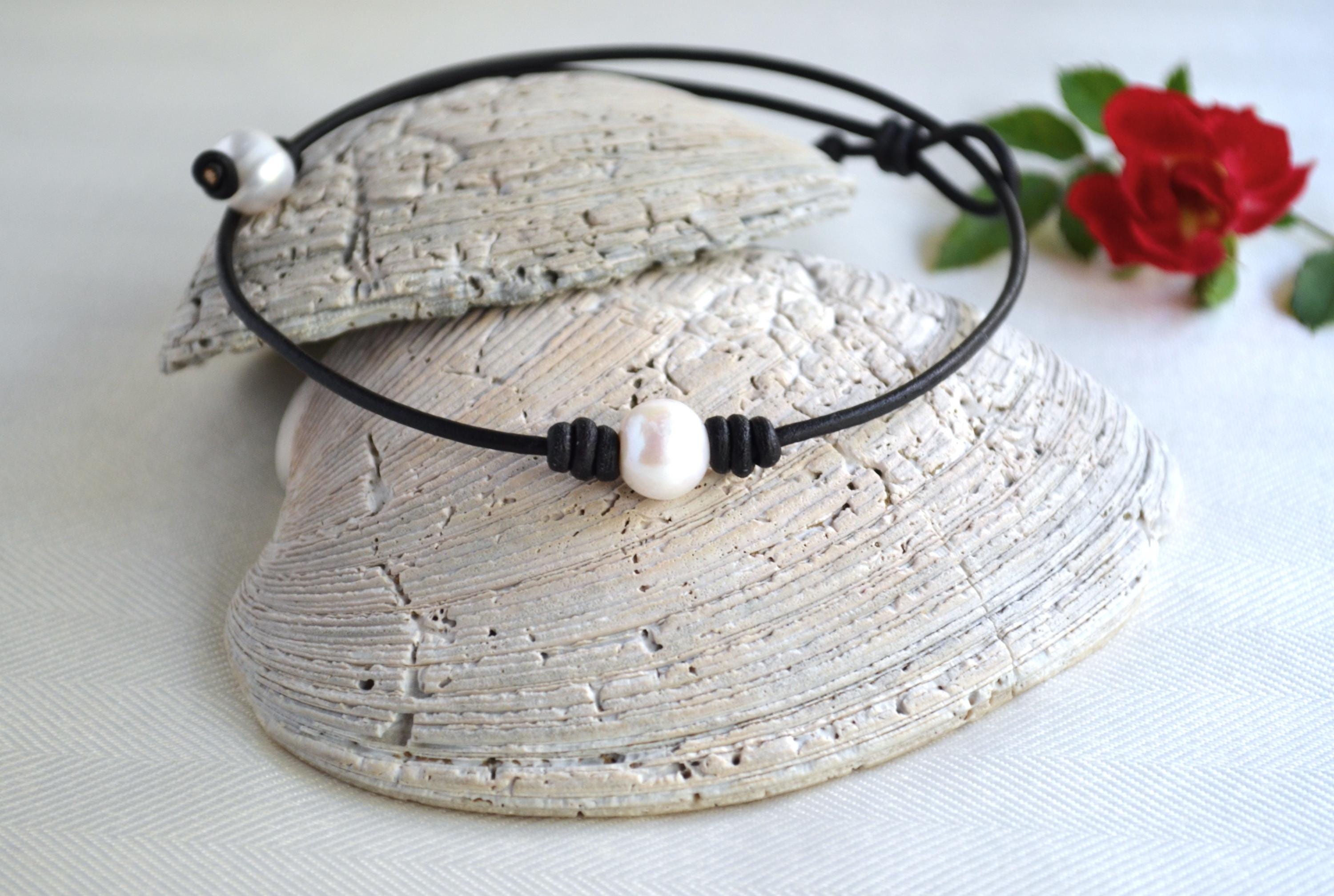 Handmade Pearl Leather Choker: Boho Beach Necklace