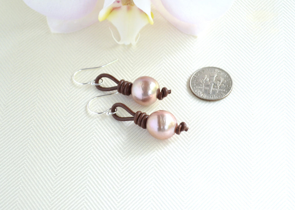 Edison Pearl Drop Earrings: Pink Freshwater Pearls, Sterling Silver & Leather