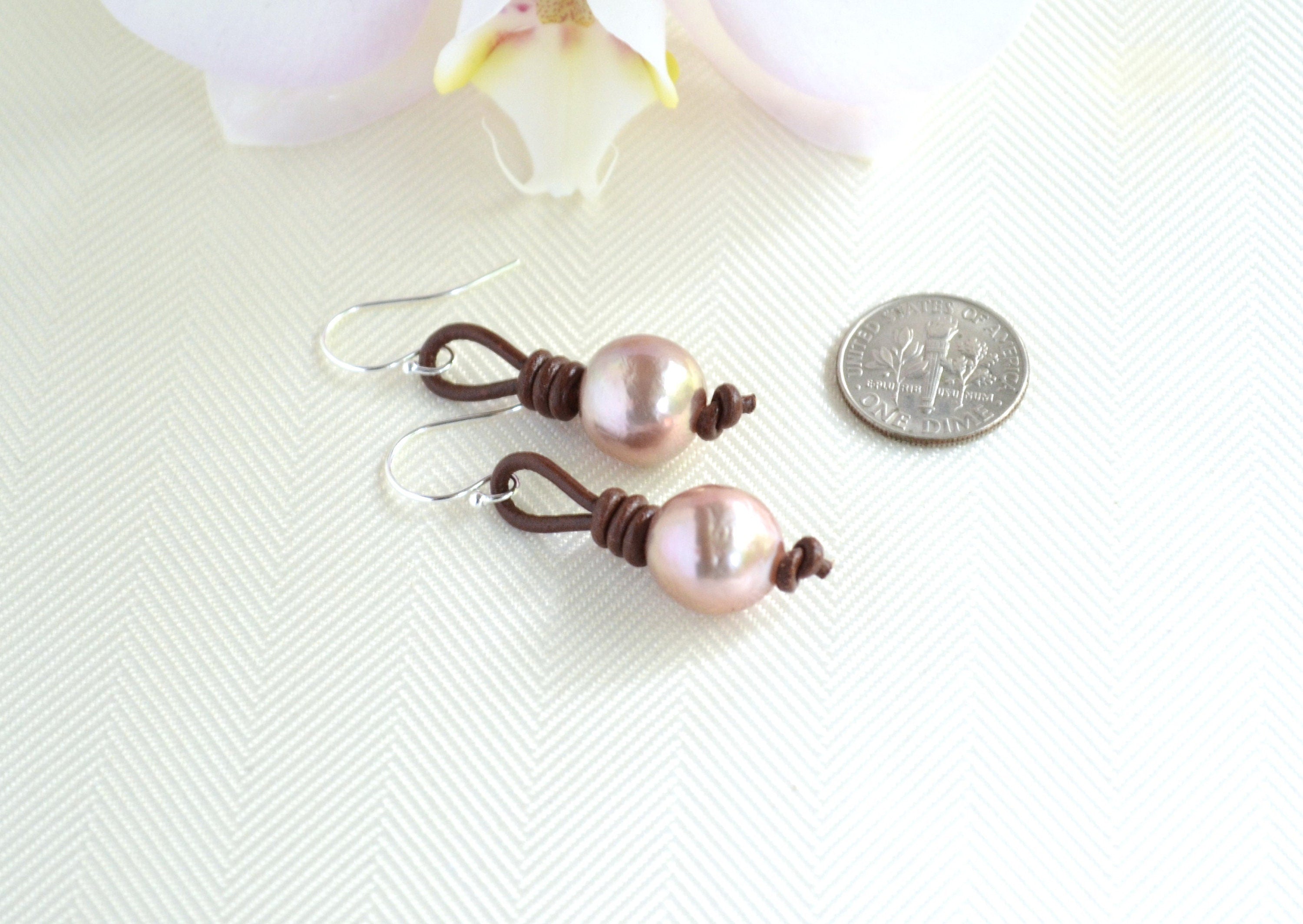 Edison Pearl Drop Earrings: Pink Freshwater Pearls, Sterling Silver & Leather