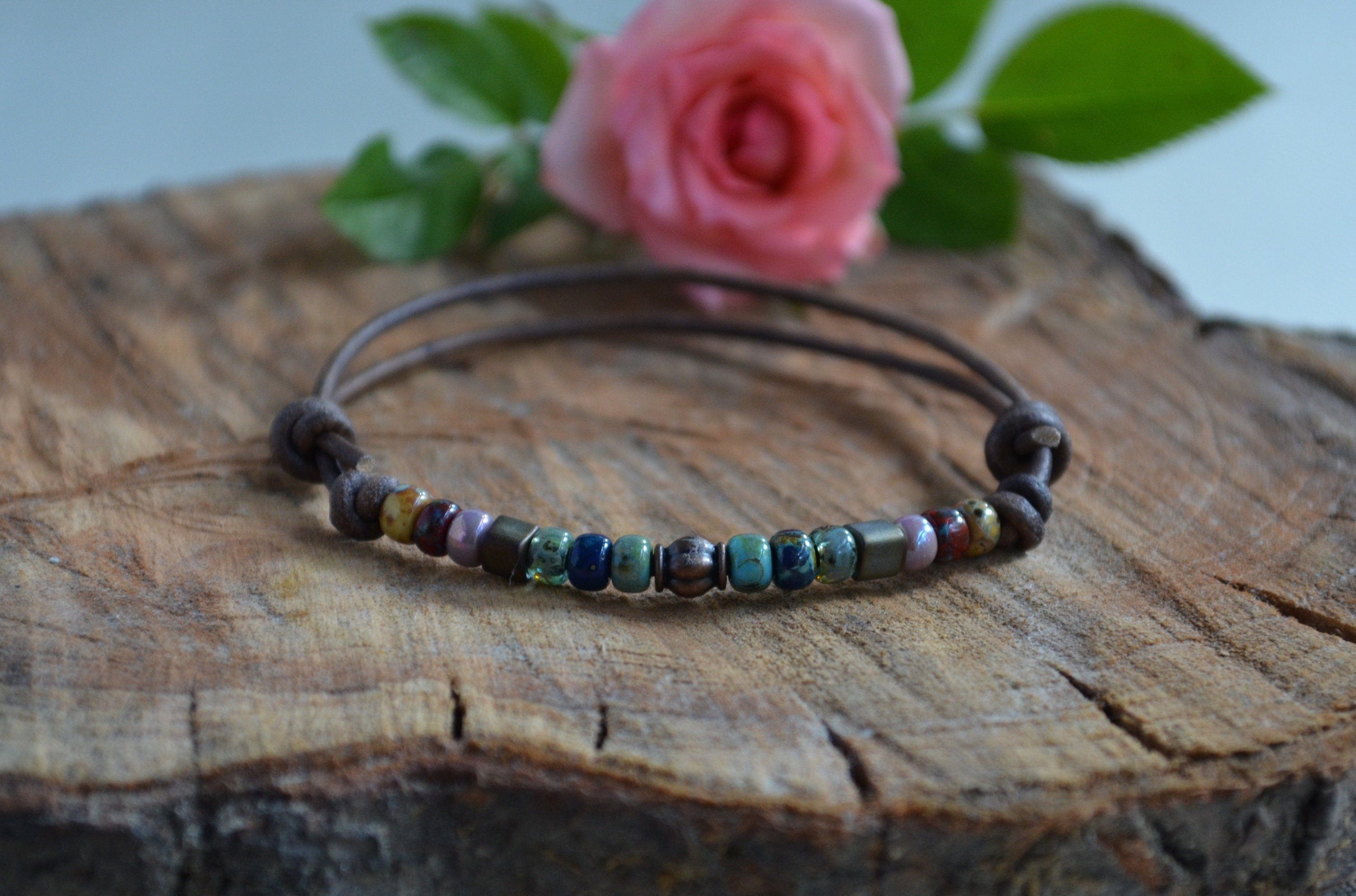 Unisex Picasso Czech Beaded Bracelet, Knotted Leather Bracelet for Him Her