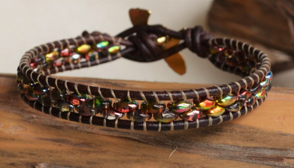 Hummingbird Leather Wrap Bracelet: Czech Glass Boho Cuff