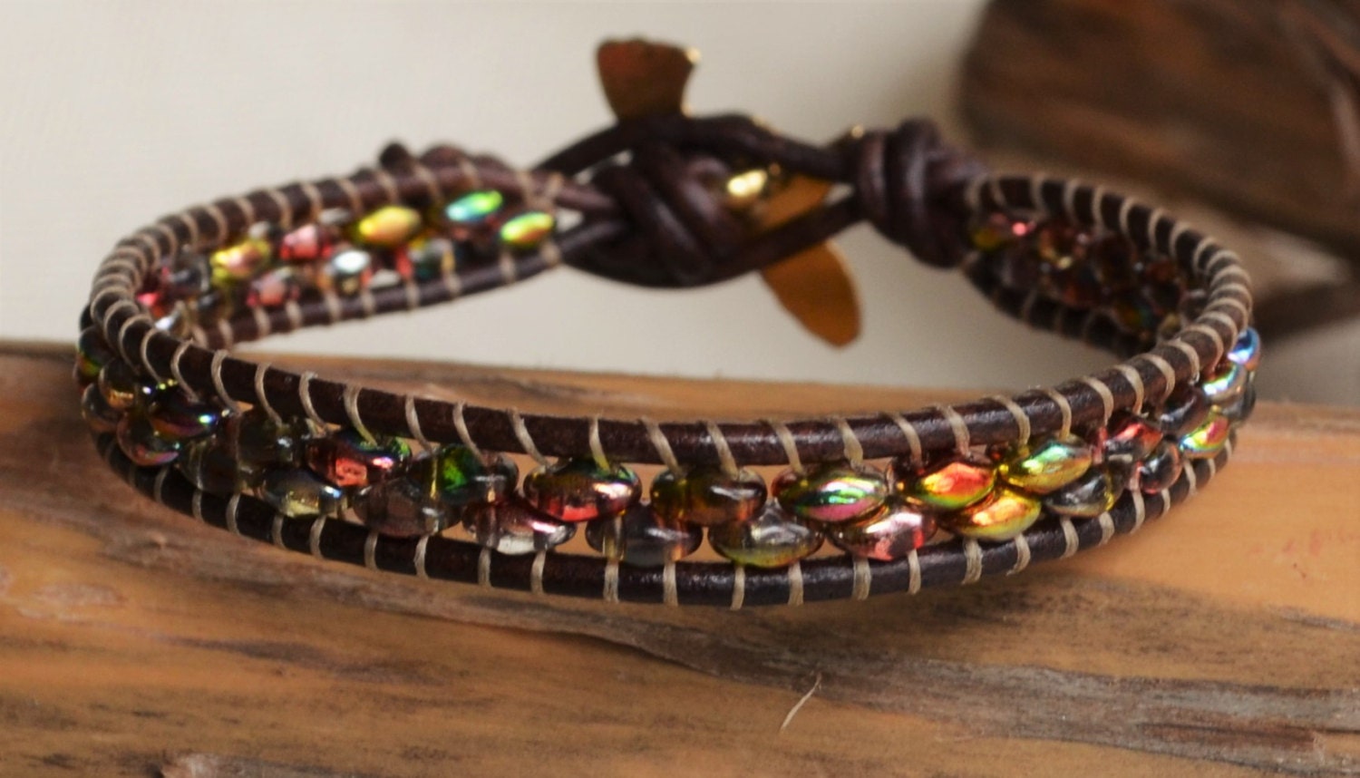 Hummingbird Leather Wrap Bracelet: Czech Glass Boho Cuff