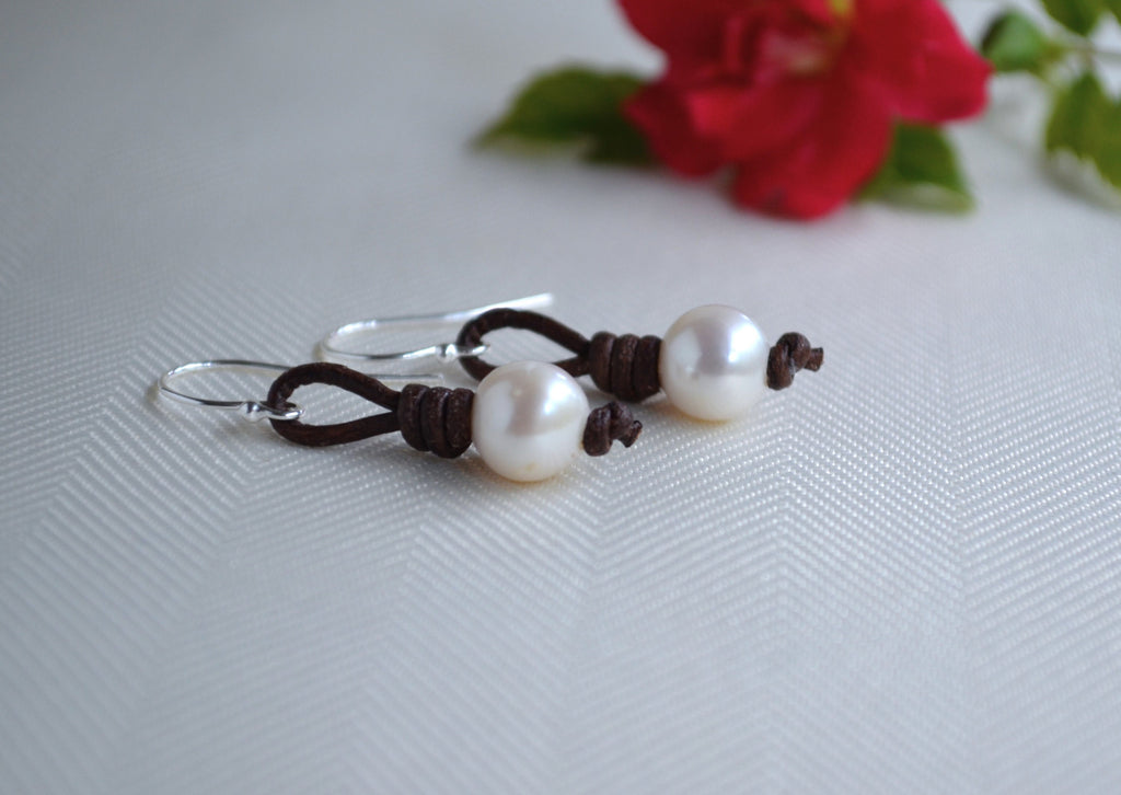 Handmade Pearl Leather Earrings: Dangle Freshwater Pearl Jewelry