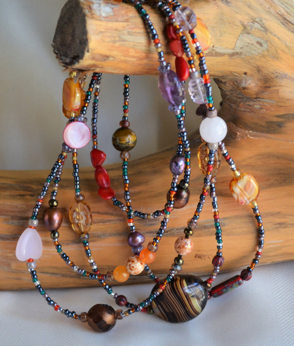 Multi-Color Gemstone and Czech Glass Lariat Necklace