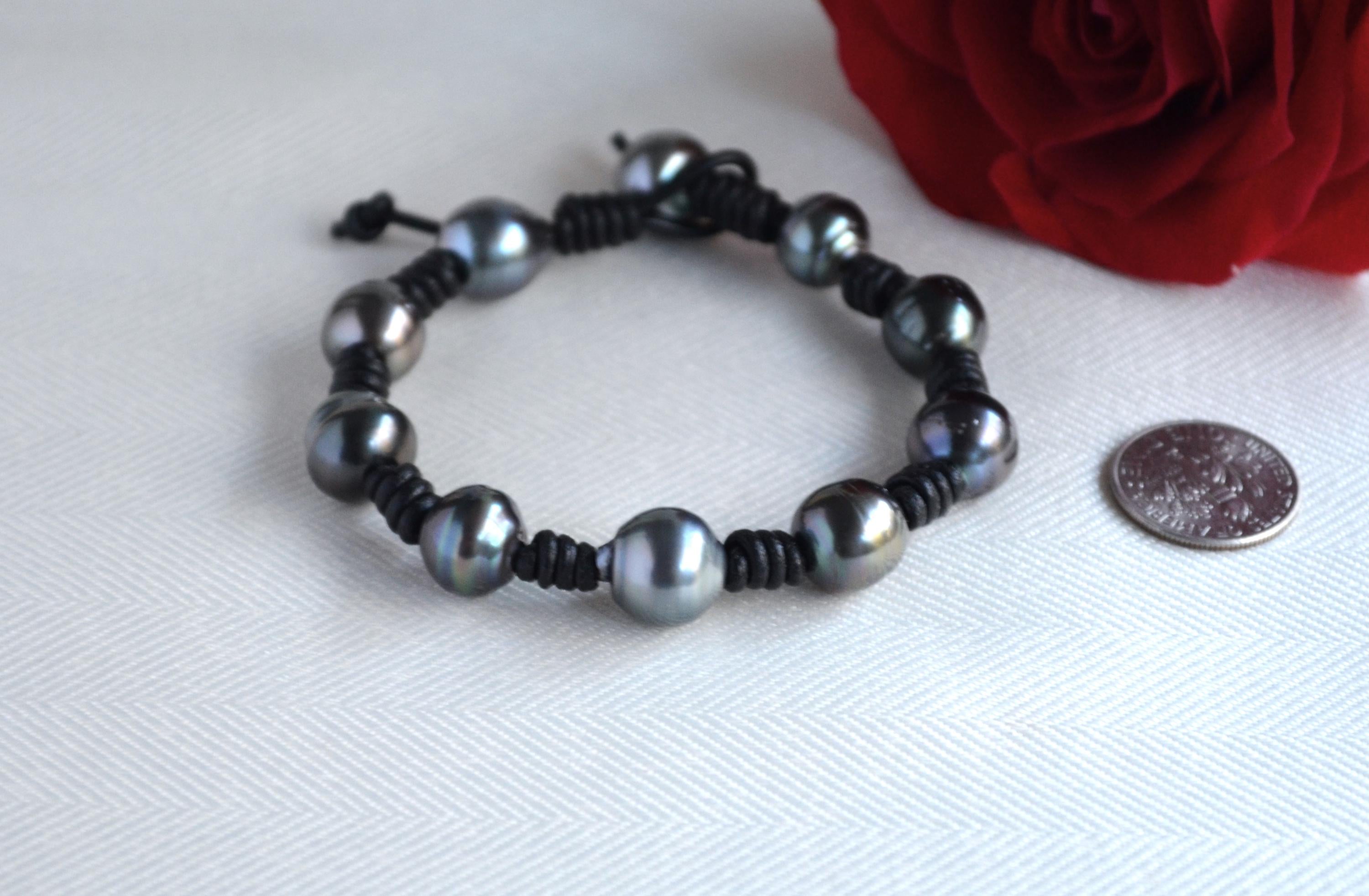 Tahitian Pearl Bracelet: Black Greek Leather, Boho Jewelry