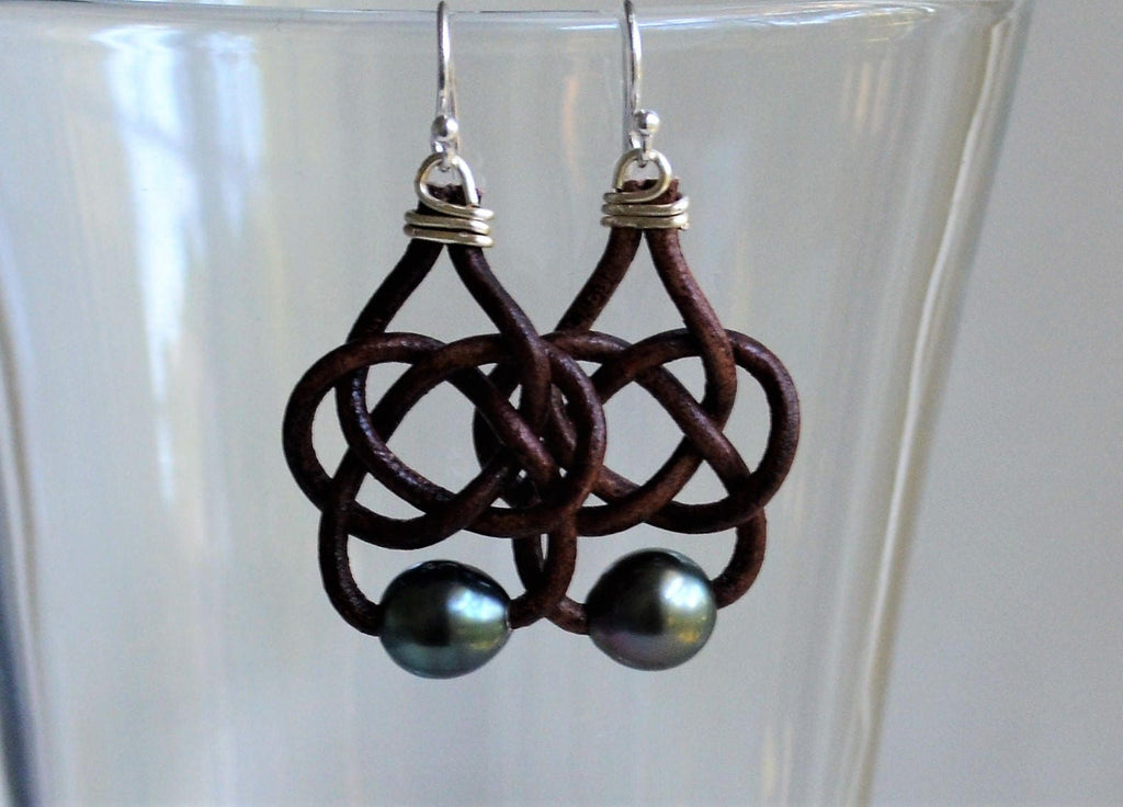 Tahitian Pearl Celtic Leather Knot Earrings with Sterling Silver Hooks