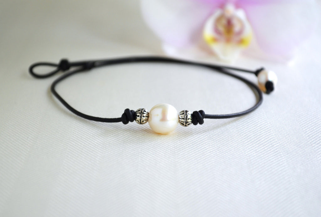 Large Pearl Leather Choker: Silver Plated Beads, Boho Jewelry