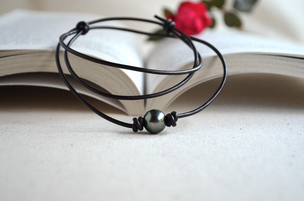 Tahitian Pearl Choker, Adjustable Brown Leather Necklace