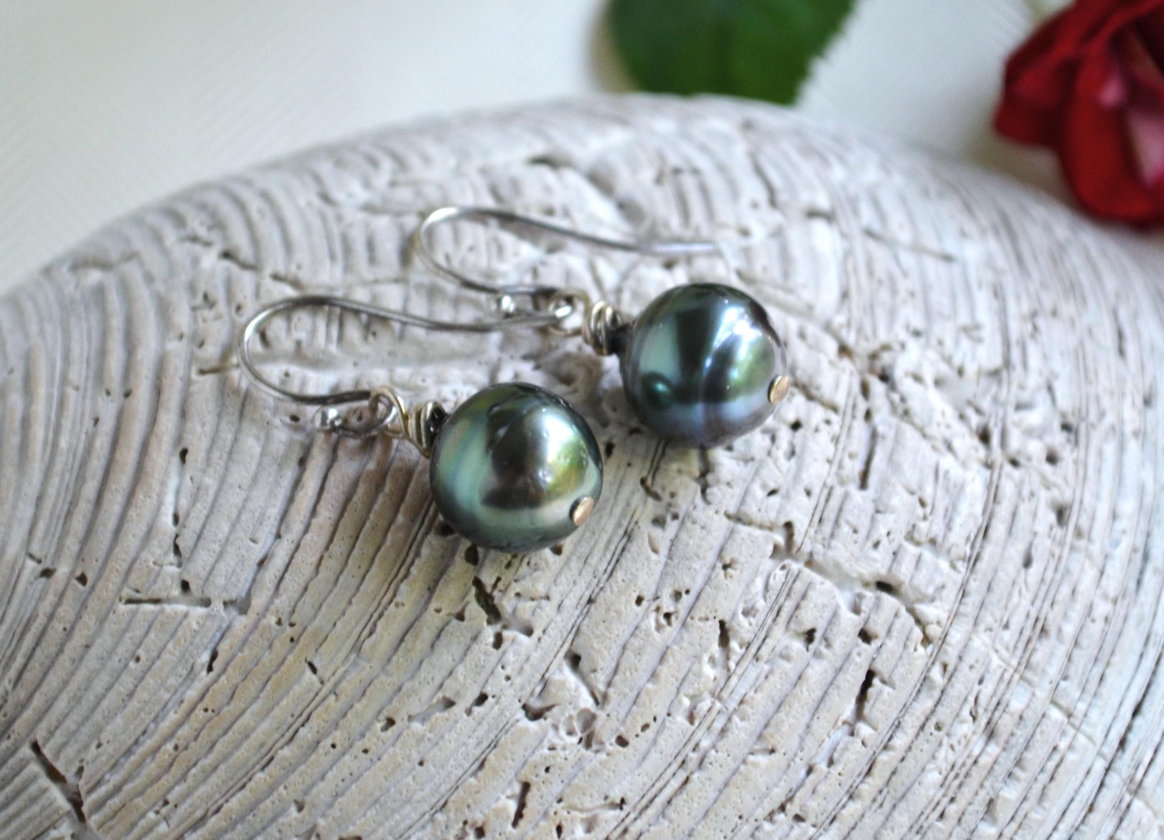 Tahitian Pearl Dangle Earrings: Sterling Silver, Handmade Jewelry