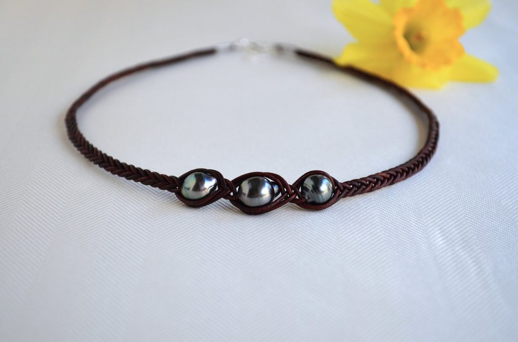 Three Tahitian Pearl Necklace: Braided Leather, Elegant Jewelry