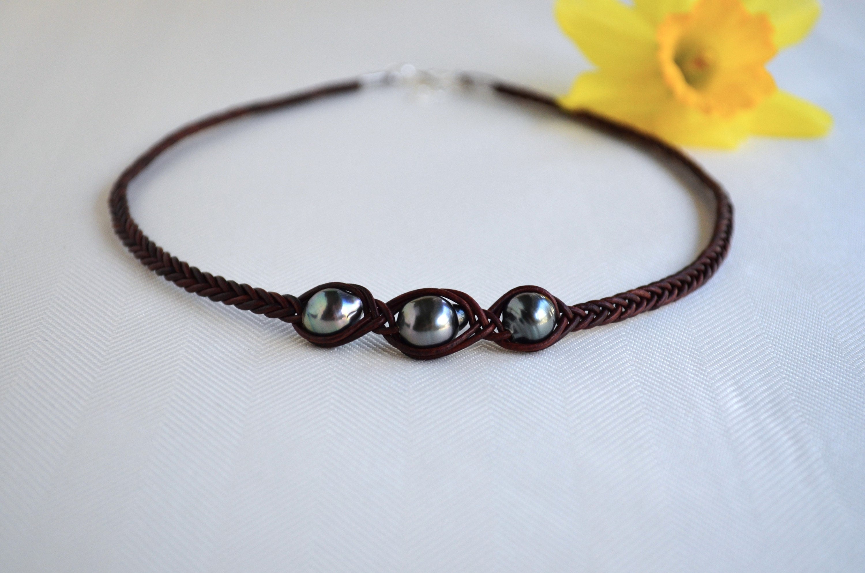 Three Tahitian Pearl Necklace: Braided Leather, Elegant Jewelry