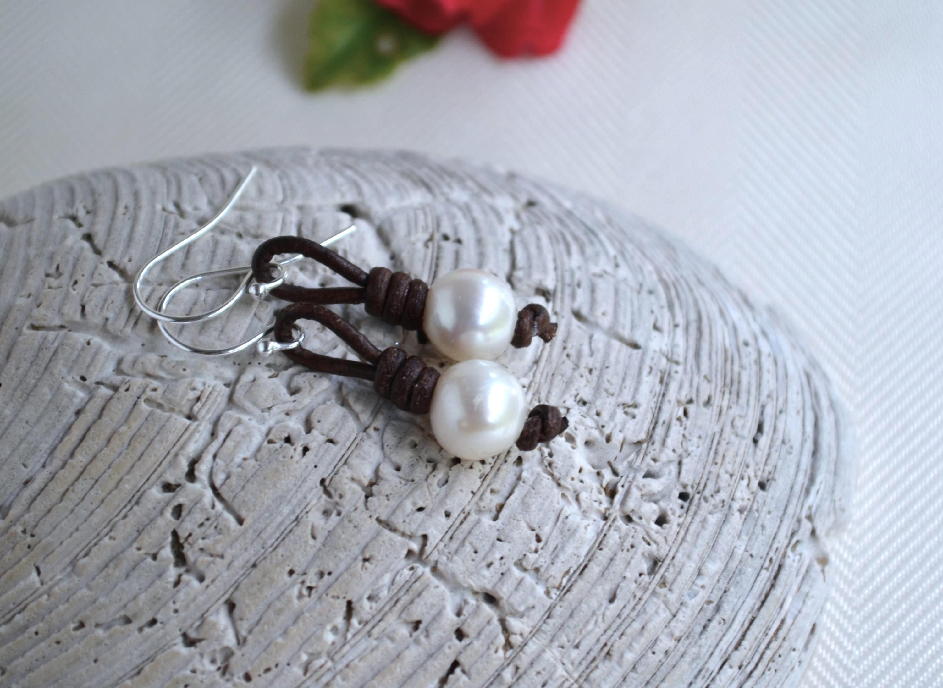 Handmade Pearl Leather Earrings: Dangle Freshwater Pearl Jewelry